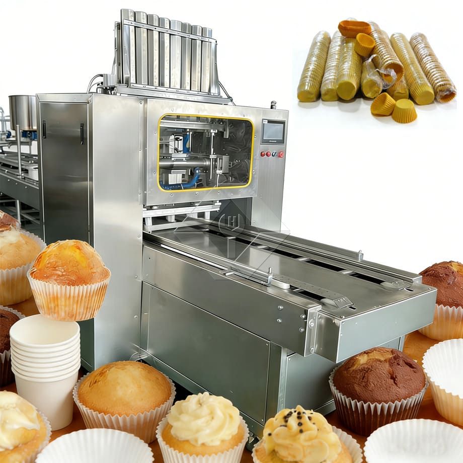 自動マフィン生産ライン工場価格カップケーキ紙を入れる産業用ミニカップケーキ製造機